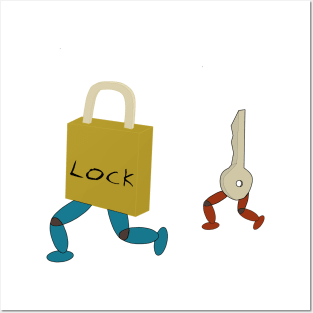 Illustration of a key chasing a lock Posters and Art